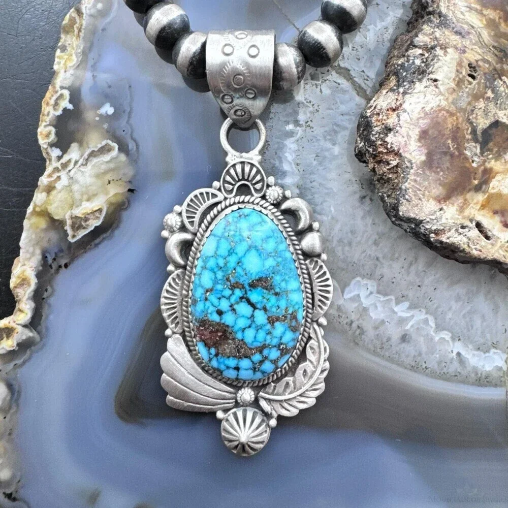Sterling Southwestern Style Large Egg-shape Kingman Turquoise Pendant For Women